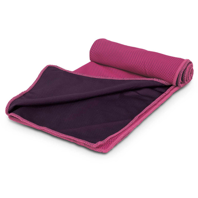 A pink and purple cooling towel rolled out, featuring a textured side and a smooth side, with a logo present.