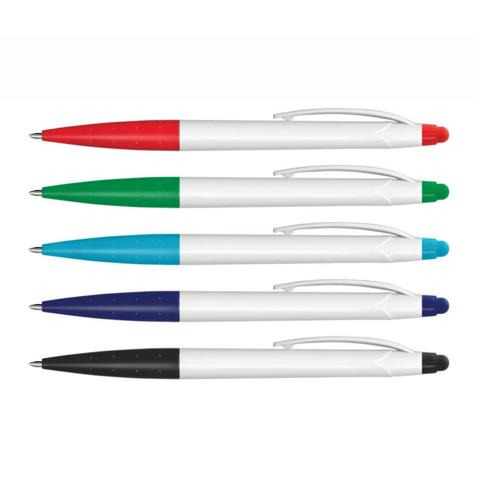 A collection of five stylus pens with white barrels, featuring red, green, blue, and black accents.