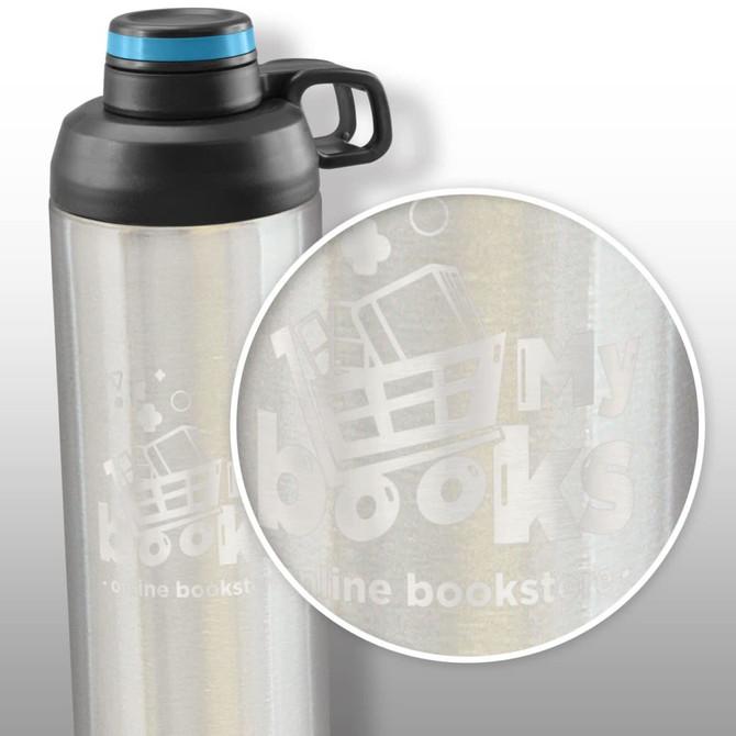 A drink bottle featuring a silver metallic finish with a black lid and a blue cap, displaying a logo.