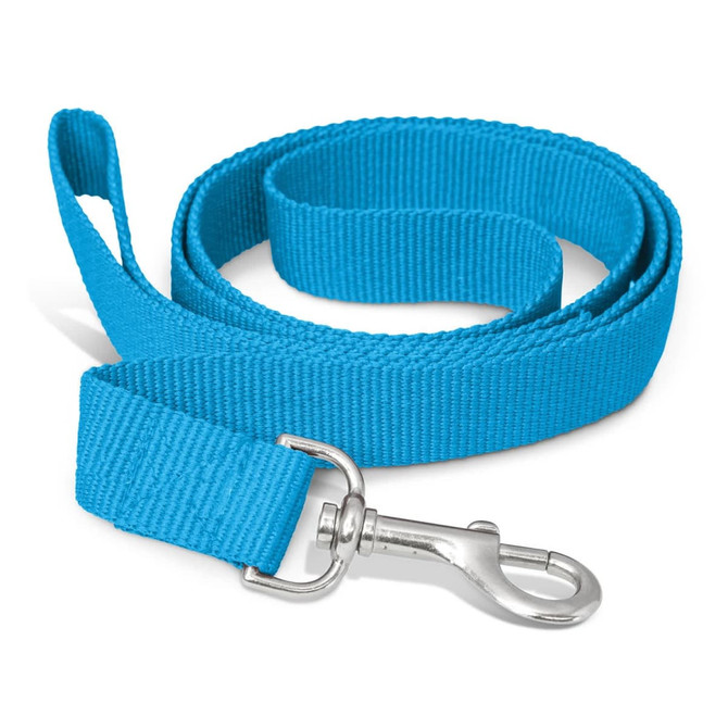 A bright blue dog leash featuring a durable clip and a soft handle, with a branding logo present.