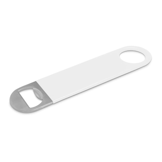 A drink bottle opener in white and grey with a large handle and a circular hole for easy gripping.