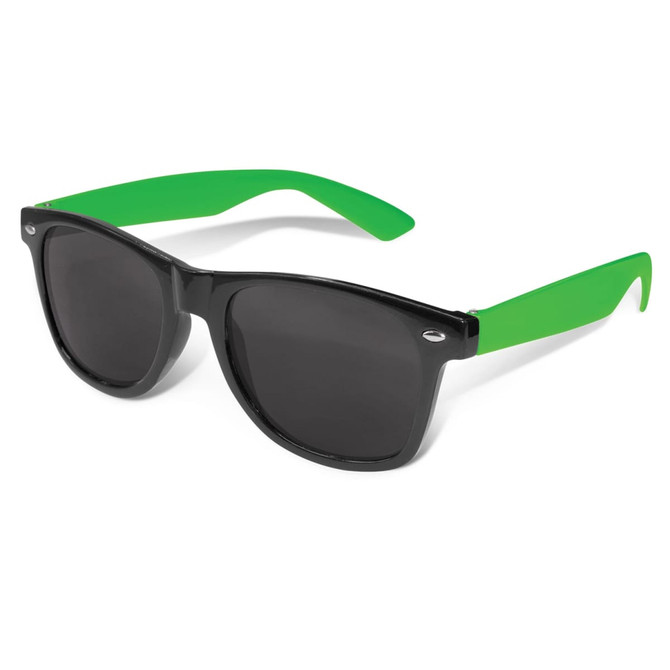 Malibu Premium Sunglasses featuring a black frame and vibrant green arms, designed for leisure and outdoor activities.