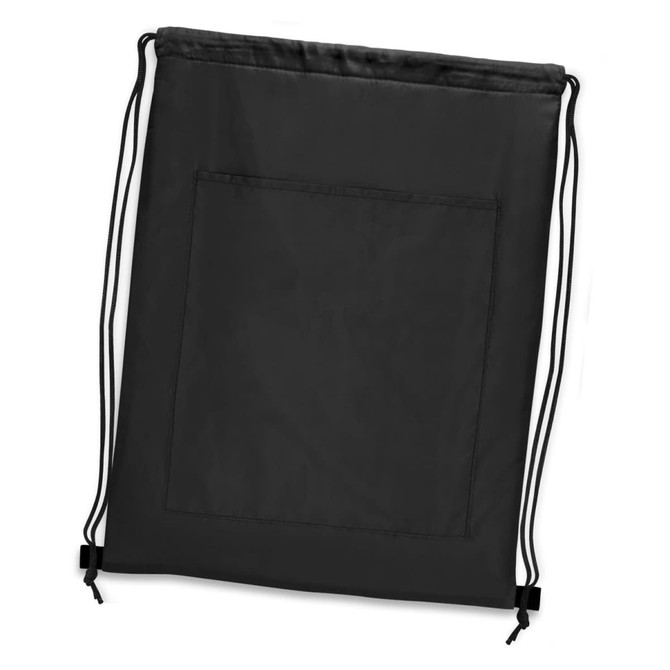 A black drawstring cooler backpack featuring a spacious main compartment and a pocket on the front. It has a logo.