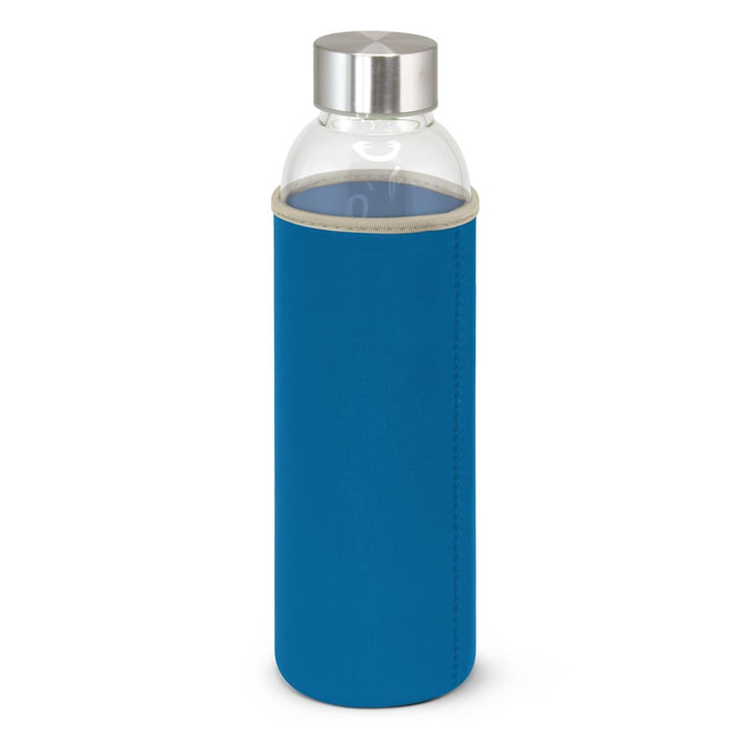 A drink bottle with a glass body is encased in a bright blue neoprene sleeve, featuring a metal lid.