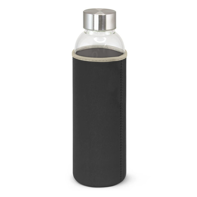 A drink bottle in a black neoprene sleeve with a stainless steel lid. The design is sleek and modern.