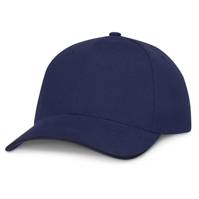 A cap featuring a navy blue design with a black trim along the visor.