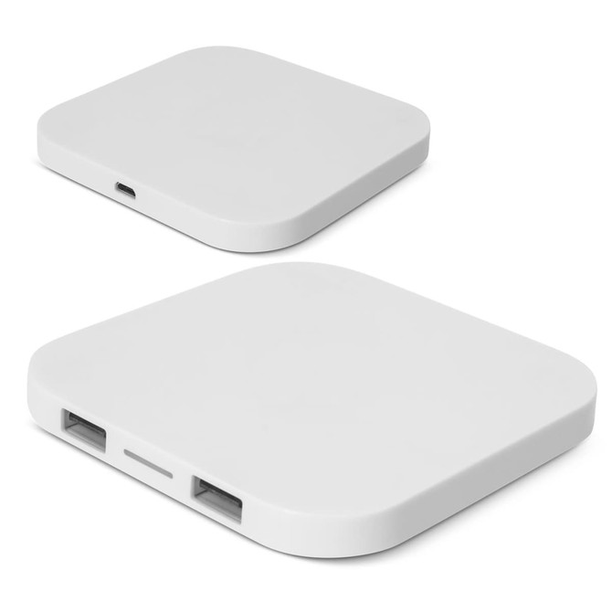 A white wireless charging hub with a sleek design and USB ports on the side. It features a modern, minimalist structure.
