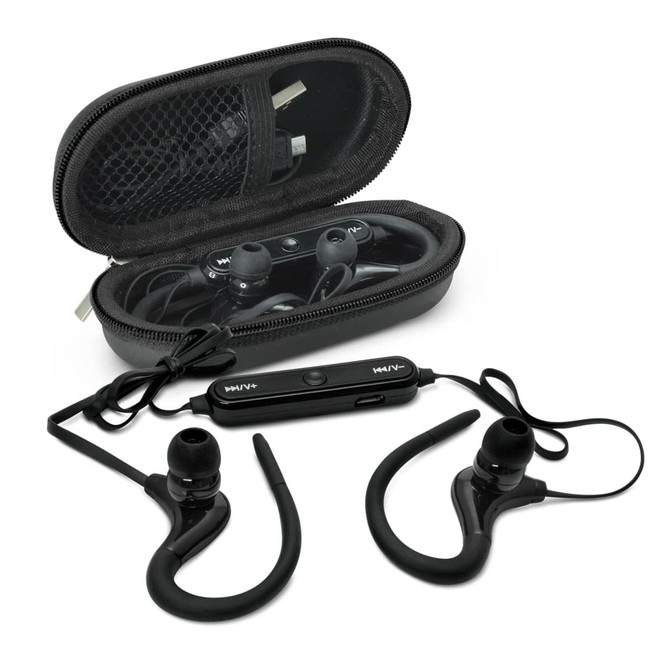 Black Bluetooth earbuds with a carrying case, featuring ear hooks and a control remote, along with charging cables.