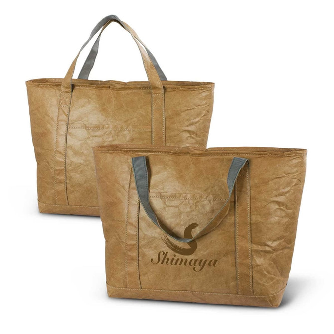 A brown cooler bag with grey handles, featuring a logo on the front, displayed in two orientations.