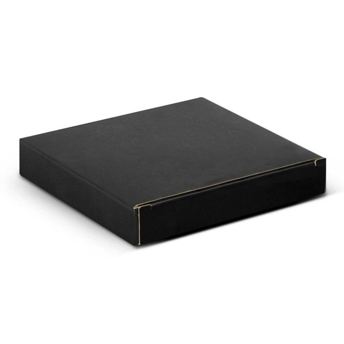 A black wireless charger with a sleek design, featuring a subtle logo on the surface.