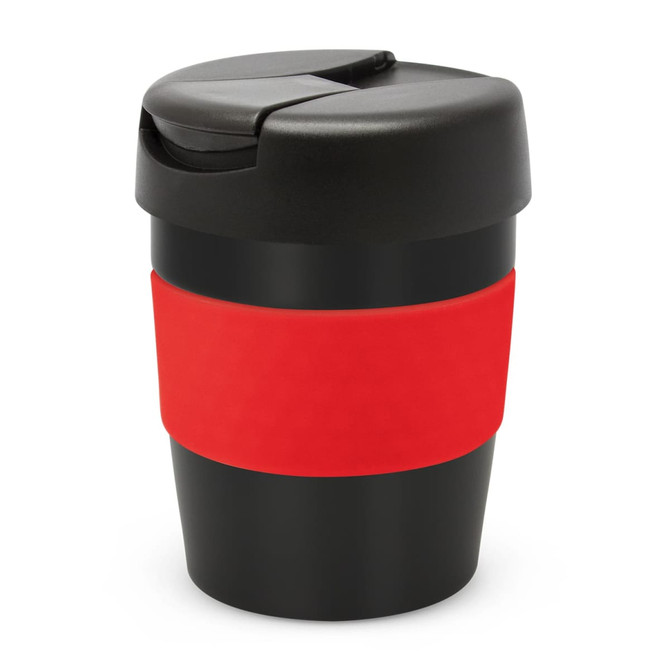 A drink bottle with a black body, red silicone band, and a black lid. It has a logo on the surface.