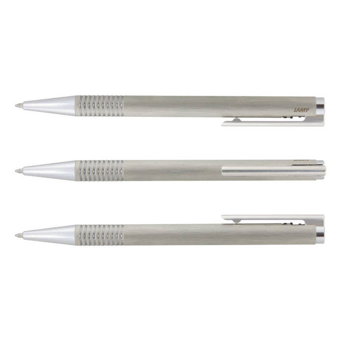 A Lamy Logo Pen and Pencil Set featuring a sleek metal design in a silver finish, including two pens and one pencil.