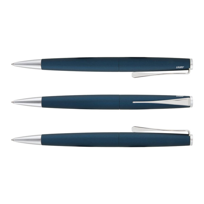 A collection of three Lamy Studio Pens displayed in a sleek design with a dark blue finish and chrome accents.