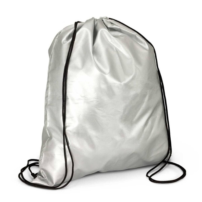 A Titanium Drawstring Backpack in a sleek silver color, designed with adjustable black drawstrings for easy carrying.