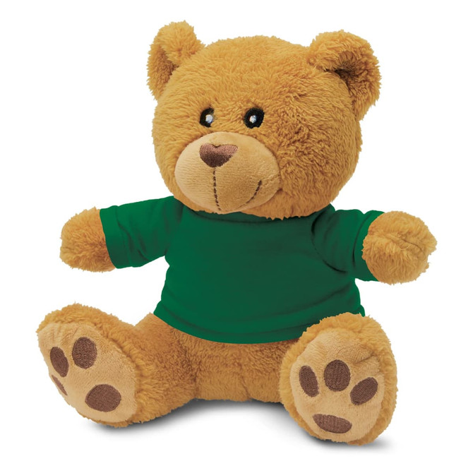 A plush teddy bear toy with a brown body and a green shirt. It features a friendly face and soft floppy limbs.