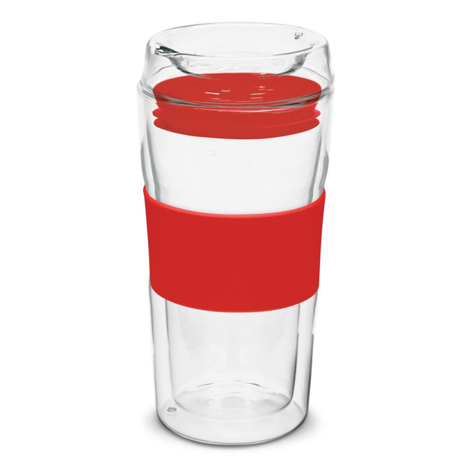 A double wall glass cup featuring a transparent design with a vibrant red silicone grip and lid.
