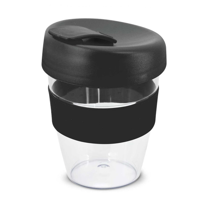 A drink bottle featuring a clear body, a black silicone grip, and a black lid. It has a logo on the side.