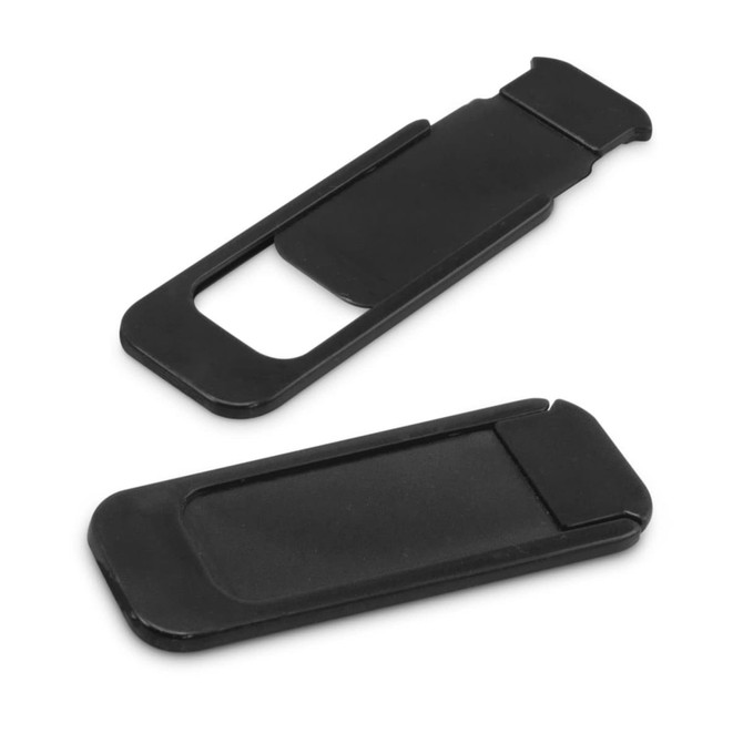 A black webcam cover with two pieces designed to slide over a camera lens. Features a minimalist design.