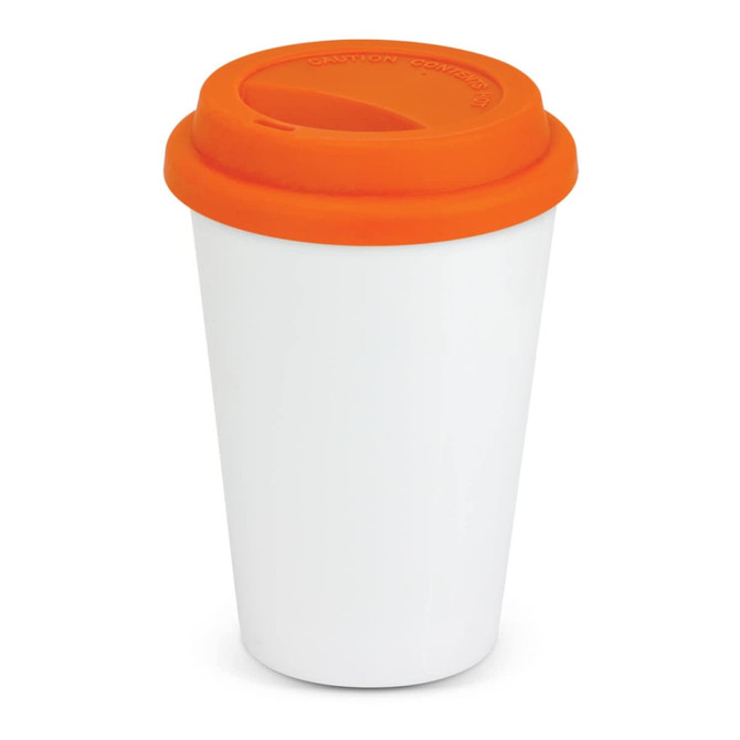A double wall coffee cup with a white body and a bright orange silicone lid.
