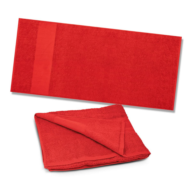 A vibrant red beach towel, featuring a smooth panel and plush texture, with a folded towel displayed beside it.