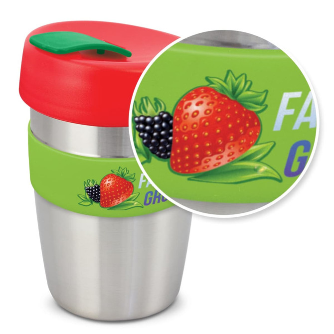 A drink bottle with a stainless steel body, green silicone band, and a red lid featuring fruit illustrations.