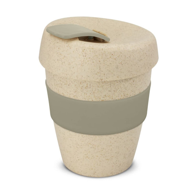 A drink bottle featuring a speckled natural finish with a green silicone band and a lid. It has a compact design.