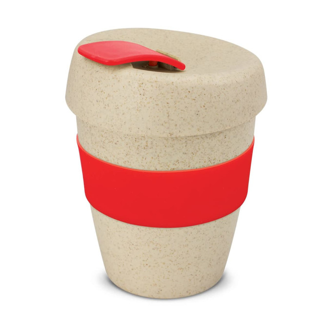 A drink bottle in a natural beige colour with a red silicone grip and lid. It has a logo on the side.