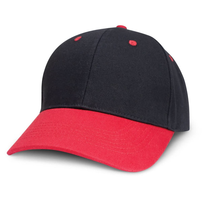 A cap featuring a black body and a contrasting red brim, designed for casual wear.