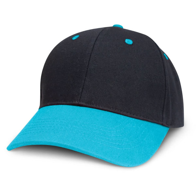 A Highlander Cap featuring a black body with a turquoise brim.