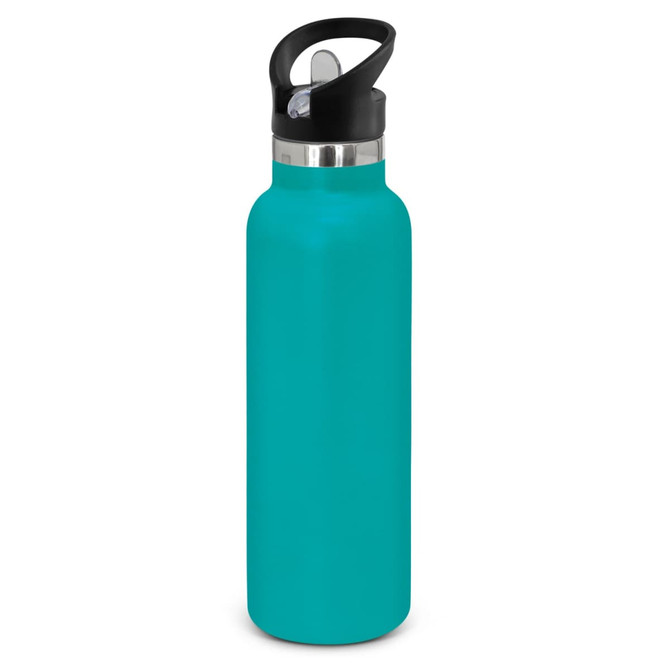 A drink bottle featuring a powder-coated turquoise finish with a black lid and a steel base. It has a logo on it.