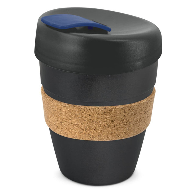 A drink bottle with a black body, cork band, and a blue lid, designed for reusable coffee.