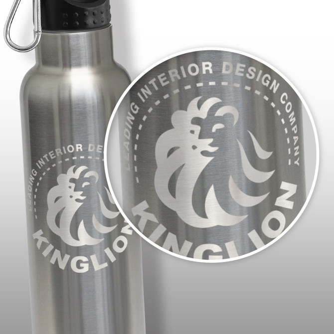 A drink bottle made of stainless steel, featuring a black lid, presented in a cylindrical brown cardboard packaging.