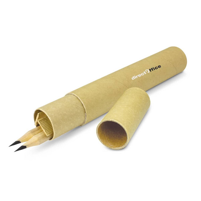 A Kraft pen and pencil set in a cylindrical cardboard case, featuring two wooden pencils with black tips.