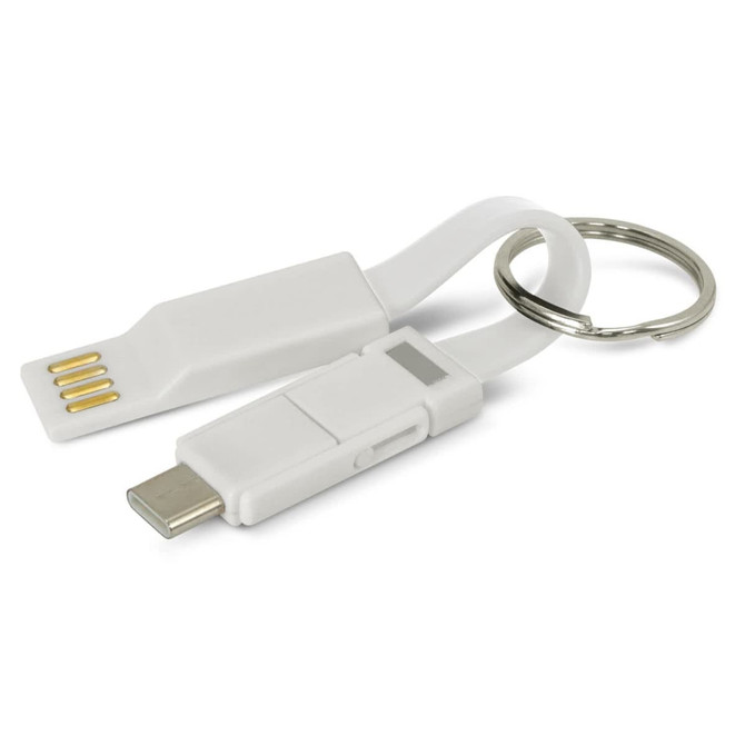 A white 3-in-1 charging cable with a keyring attachment, featuring multiple connectors for various devices.