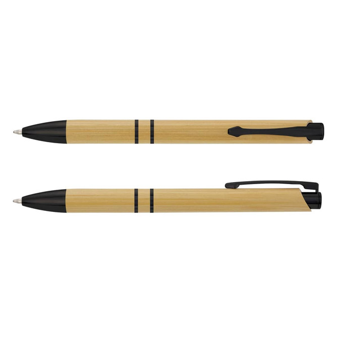 A bamboo pen set featuring natural bamboo colour with black accents and a clip, showcasing two different models.