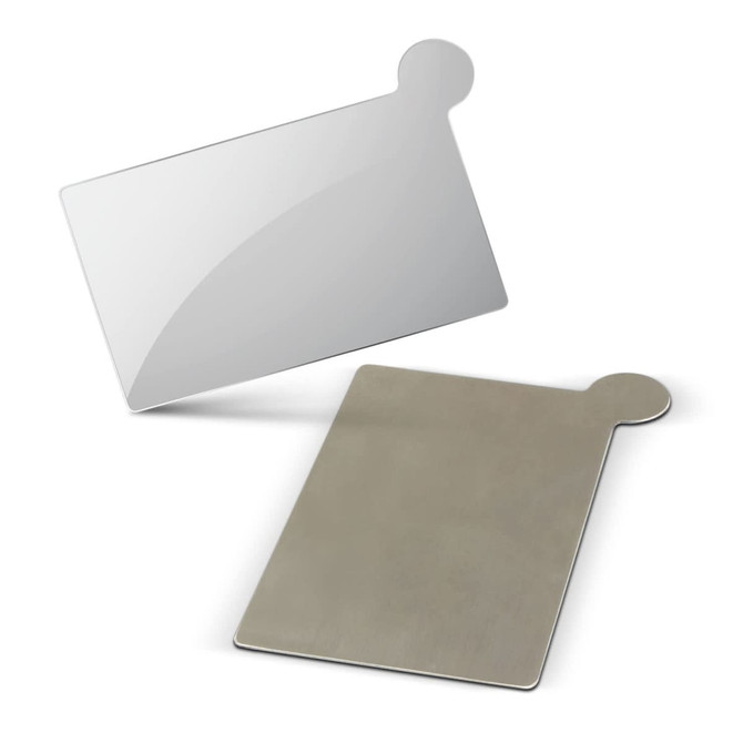 A mirror featuring a sleek silver finish, with a rounded top corner and a smooth reflective surface.