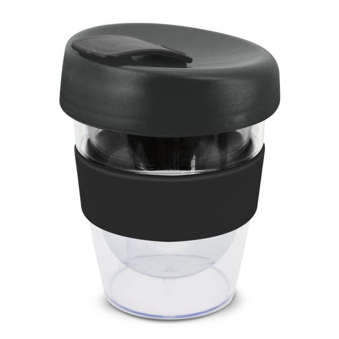 A drink bottle with a black lid and band, featuring a transparent body, designed for 230ml capacity.
