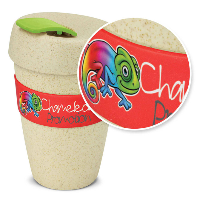 A drink bottle featuring a natural straw colour with a vibrant red band and a green lid, adorned with a logo.