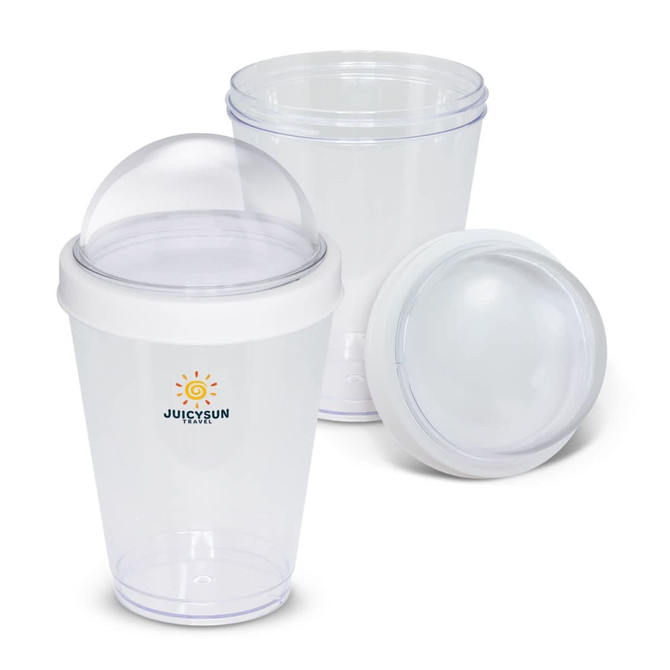 A drink bottle in clear plastic with a white lid and a dome-shaped top, featuring a logo.
