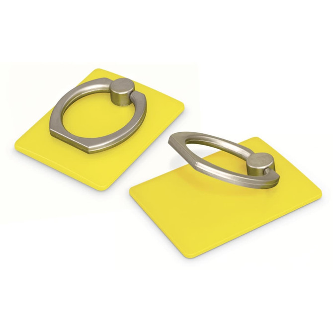 A yellow phone grip with a metallic ring attachment, designed for use with smartphones. Features a branding logo.