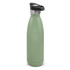A drink bottle in a muted green colour, featuring a push-button lid and a stainless steel finish. It has a logo.