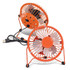 An orange desk fan with a wire frame and USB connection, featuring a small motor and fan blades.