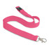 A pink cotton lanyard with a clip at one end and a breakaway feature in the middle. It has a branding logo.