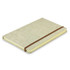 A cream-coloured notebook with a textured cover and a brown elastic band, featuring a logo on the front.