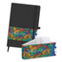 A black notebook with an elastic band, featuring a colourful leaf-patterned sleeve and a matching envelope.