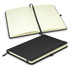 A black notebook with a textured cover, featuring lined pages and an elastic closure, opened to reveal its interior.