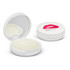 A compact mirror with a white casing and a lip balm inside, featuring a pink lips design.