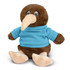 A brown kiwi plush toy wearing a blue shirt, features large eyes and a long beak, set against a white background.