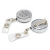 A silver retractable ID holder with a clip and clear strap, featuring a logo on the surface.