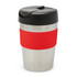 A drink bottle featuring a stainless steel body, black lid, and red silicone band. Contains a logo.